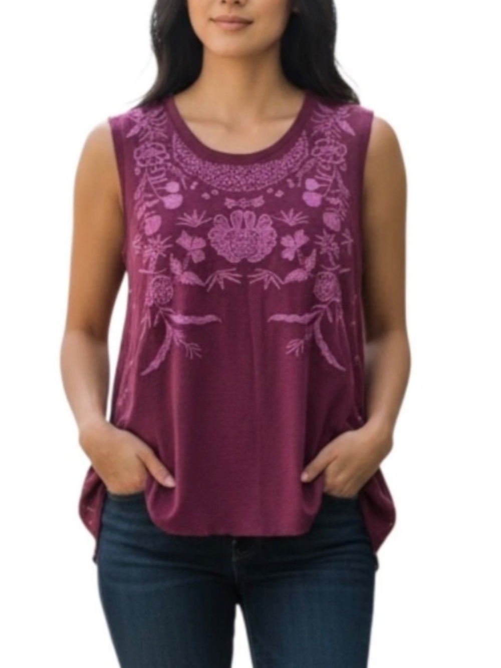 Sundance 100% Linen Sleeveless Embroidered Floral Boho Tank Top